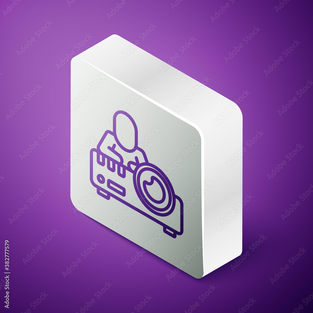 Isometric line Presentation, movie, film, media projector icon isolated on purple background. Silver