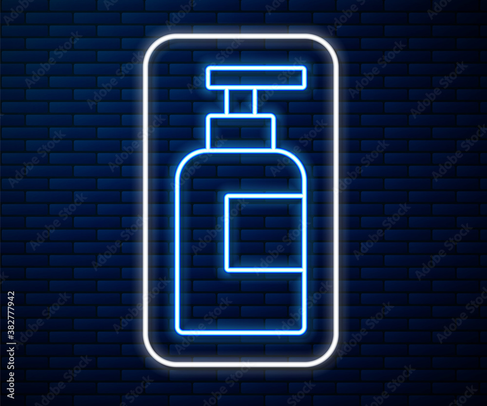 Glowing neon line Bottle of shampoo icon isolated on brick wall background. Vector.