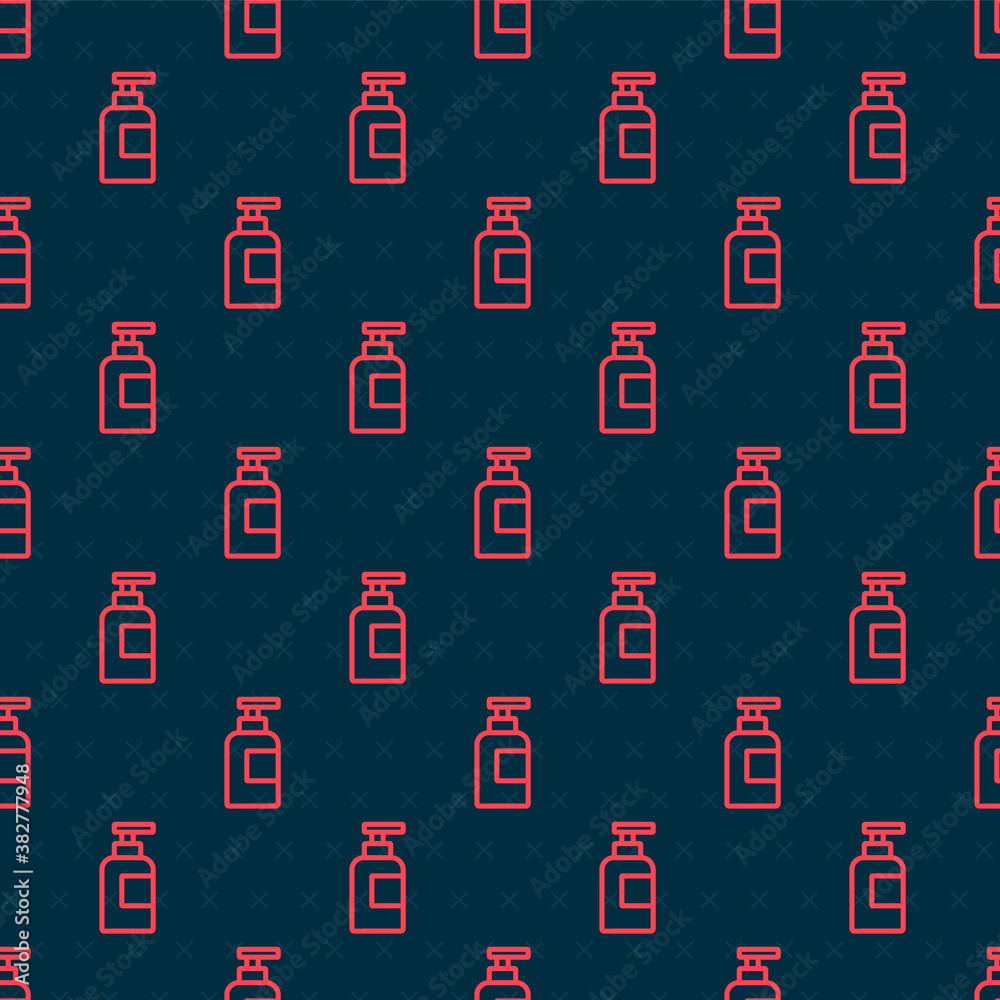 Red line Bottle of shampoo icon isolated seamless pattern on black background. Vector.