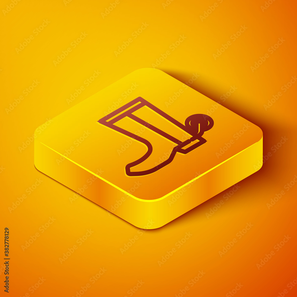 Isometric line Cowboy boot icon isolated on orange background. Yellow square button. Vector.