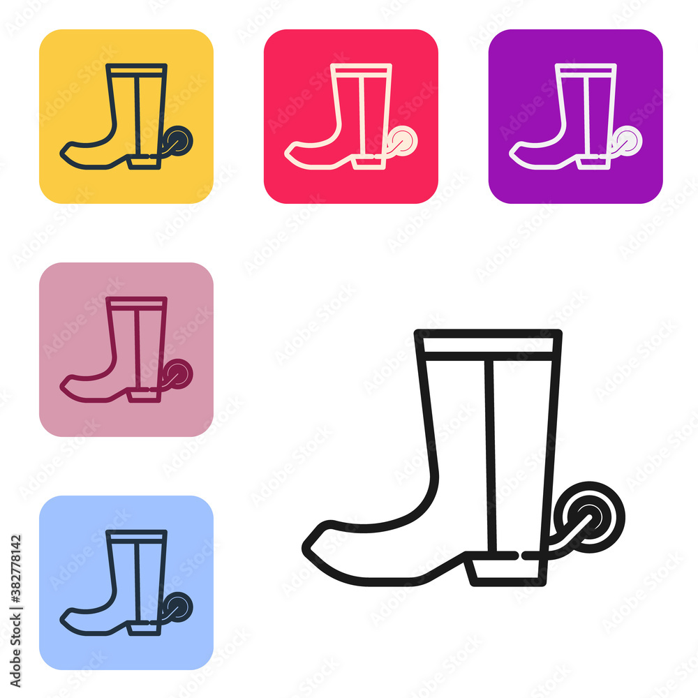 Black line Cowboy boot icon isolated on white background. Set icons in color square buttons. Vector.