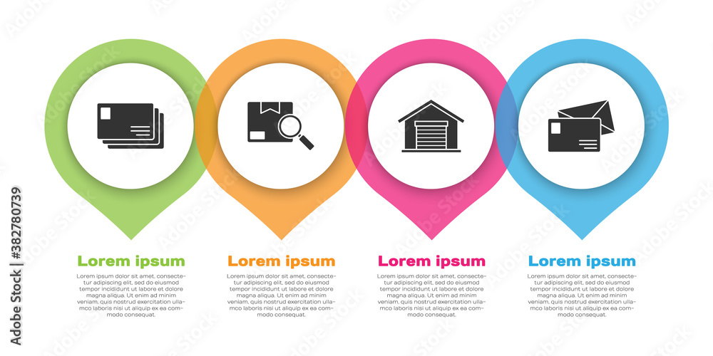设置信封、搜索包、仓库和信封。业务信息图模板。矢量。