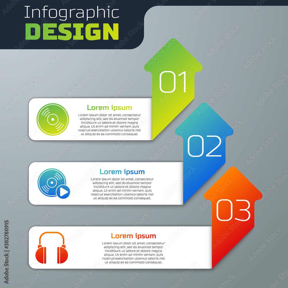 设置乙烯基磁盘、乙烯基磁盘和耳机。商业信息图模板。矢量。