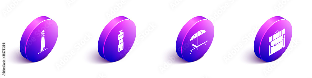 Set Isometric Lighthouse, Bottle of water, Sunbed and umbrella and Hiking backpack icon. Vector.