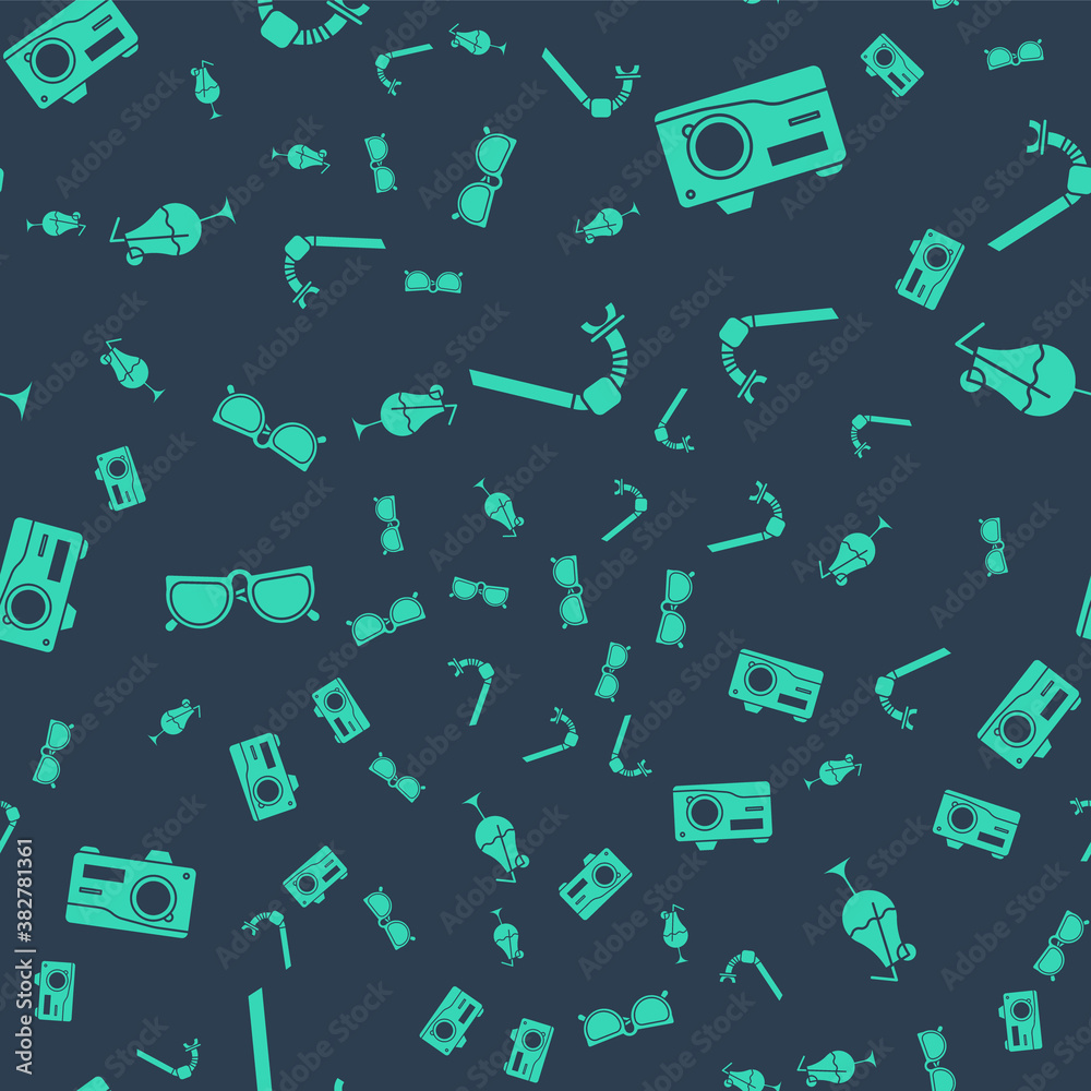 Set Snorkel, Photo camera, Glasses and Cocktail and alcohol drink on seamless pattern. Vector.