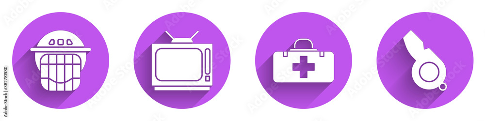 Set Hockey helmet, Retro tv, First aid kit and Whistle icon with long shadow. Vector.