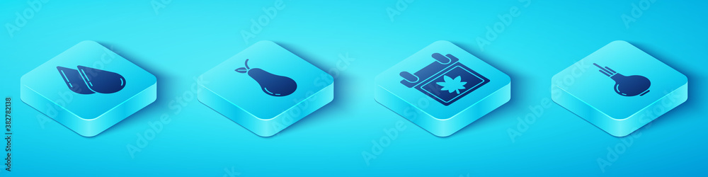 Set Isometric Water drop, Pear, Onion and Calendar with autumn leaves icon. Vector.