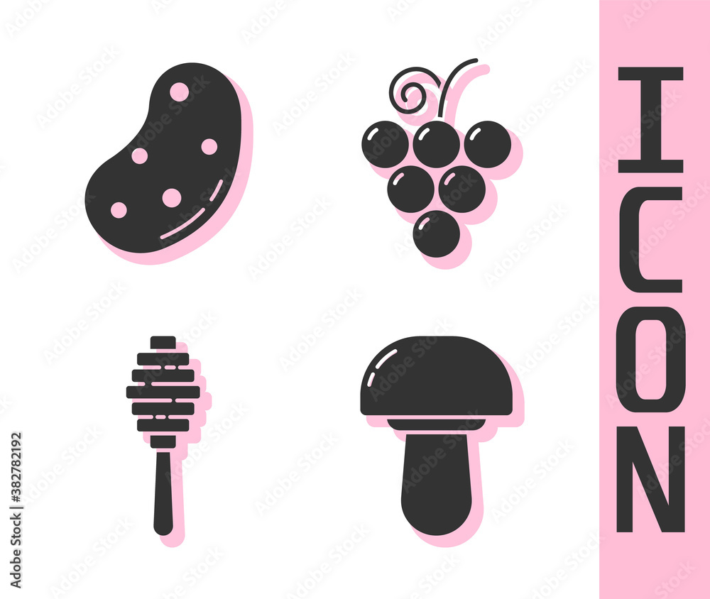 Set Mushroom, Potato, Honey dipper stick and Grape fruit icon. Vector.