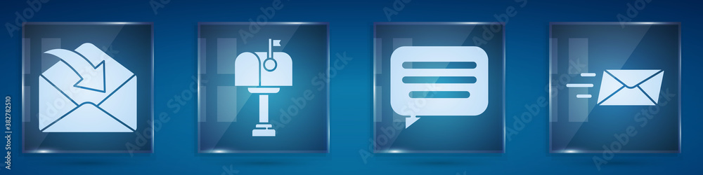 Set Envelope, Mail box, Speech bubble chat and Express envelope. Square glass panels. Vector.