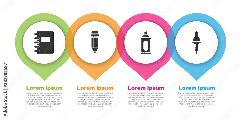 Set Spiral notebook, Pencil with eraser, Marker pen and Pipette. Business infographic template. Vect