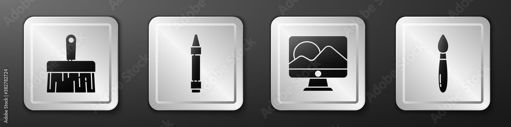 Set Paint brush, Wax crayons for drawing, Computer monitor screen and Paint brush icon. Silver squar