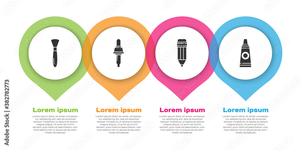 设置画笔、移液管、带橡皮擦的铅笔和带调色板的Tube。商业信息图模板