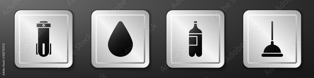 Set Water filter, Water drop, Bottle of water and Rubber plunger icon. Silver square button. Vector.