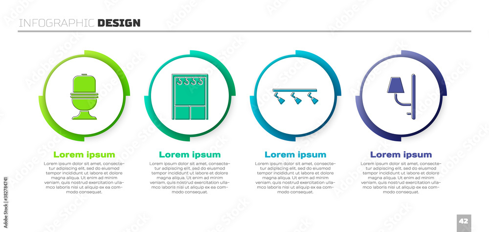 Set Toilet bowl, Wardrobe, Led track lights and lamps and Wall sconce. Business infographic template