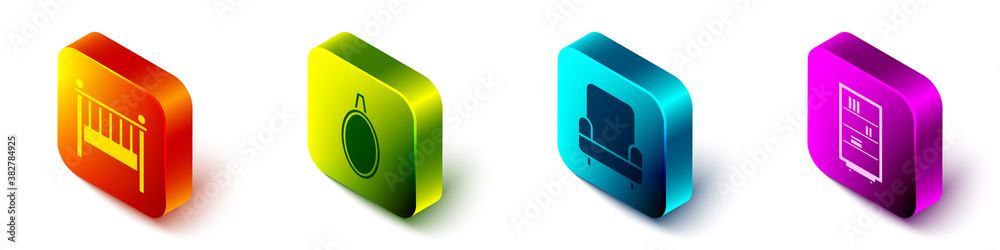 Set Isometric Baby crib cradle bed, Mirror, Armchair and Library bookshelf icon. Vector.