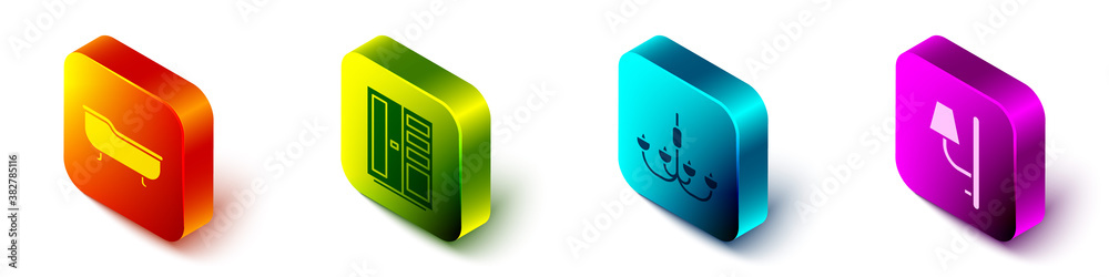 Set Isometric Bathtub, Wardrobe, Chandelier and Wall sconce icon. Vector.