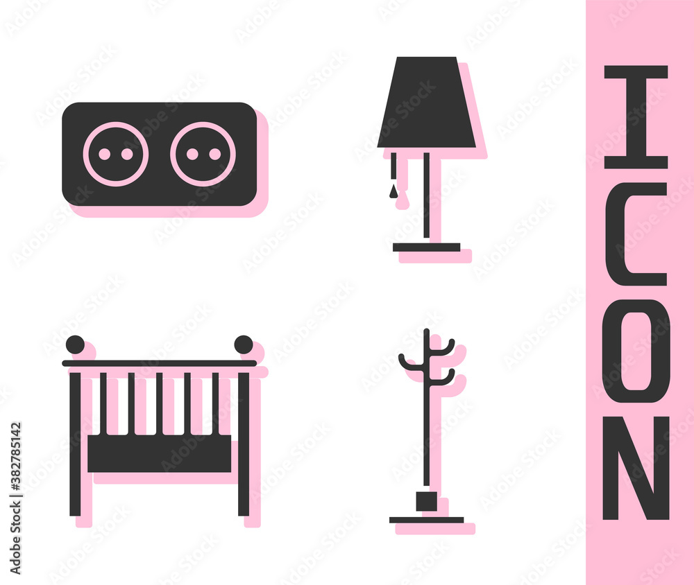 Set Coat stand, Electrical outlet, Baby crib cradle bed and Table lamp icon. Vector.