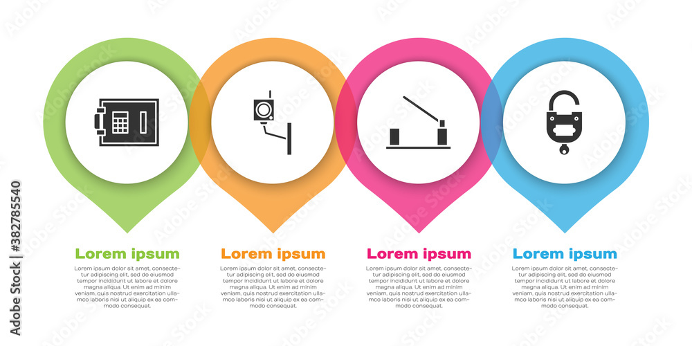 Set Safe, Security camera, Parking car barrier and Lock and key. Business infographic template. Vect