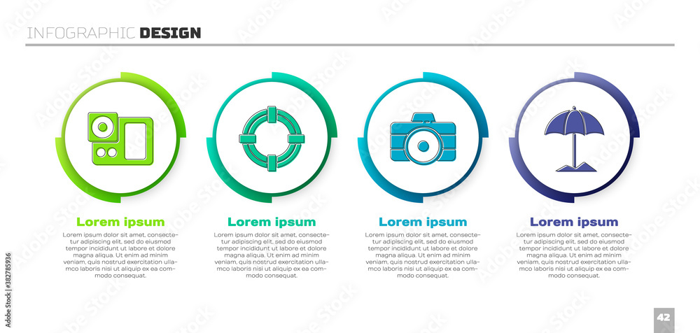 Set Photo camera, Lifebuoy, Photo camera and Sun protective umbrella for beach. Business infographic