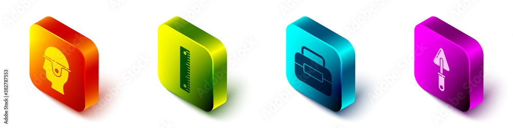 Set Isometric Worker safety helmet, Ruler, Toolbox and Trowel icon. Vector.