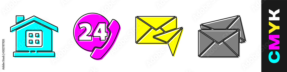 Set House, Telephone 24 hours support, Envelope and Envelope icon. Vector.