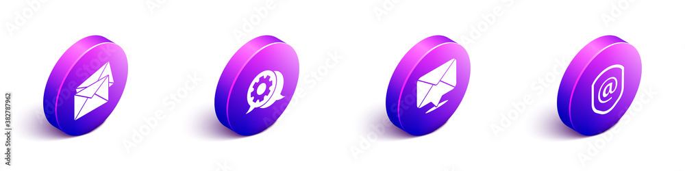 Set Isometric Envelope, Speech bubble chat, Envelope and Shield with mail and e-mail icon. Vector.