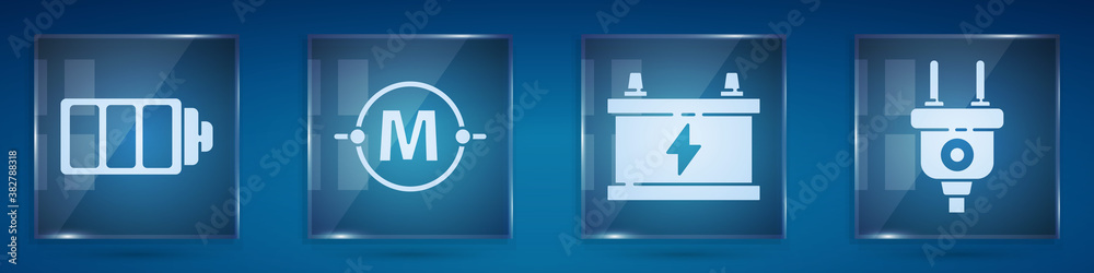 Set Battery charge level indicator, Electric circuit scheme, Car battery and Electric plug. Square g