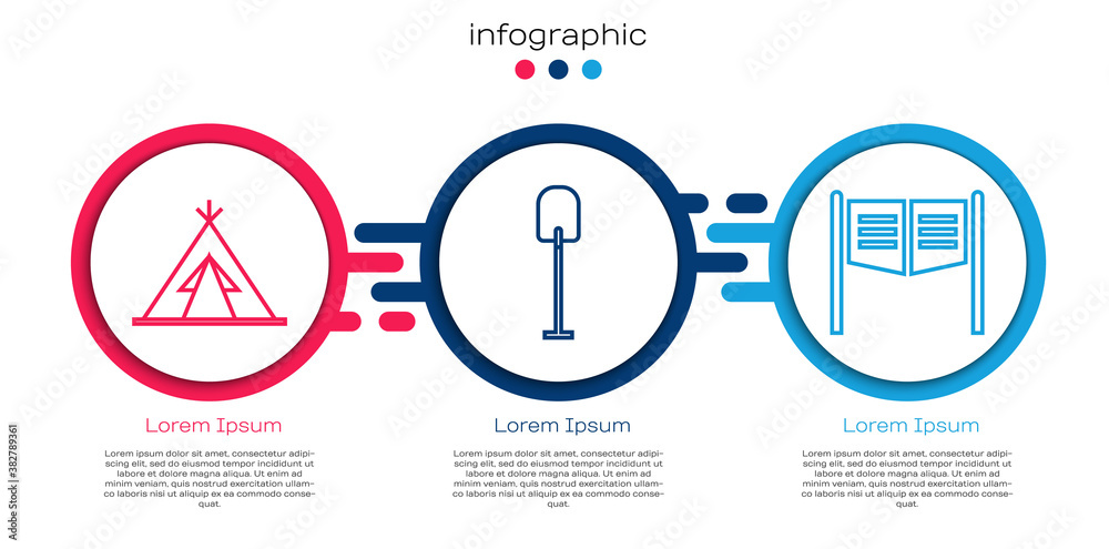 Set line Indian teepee or wigwam, Shovel and Saloon door. Business infographic template. Vector.