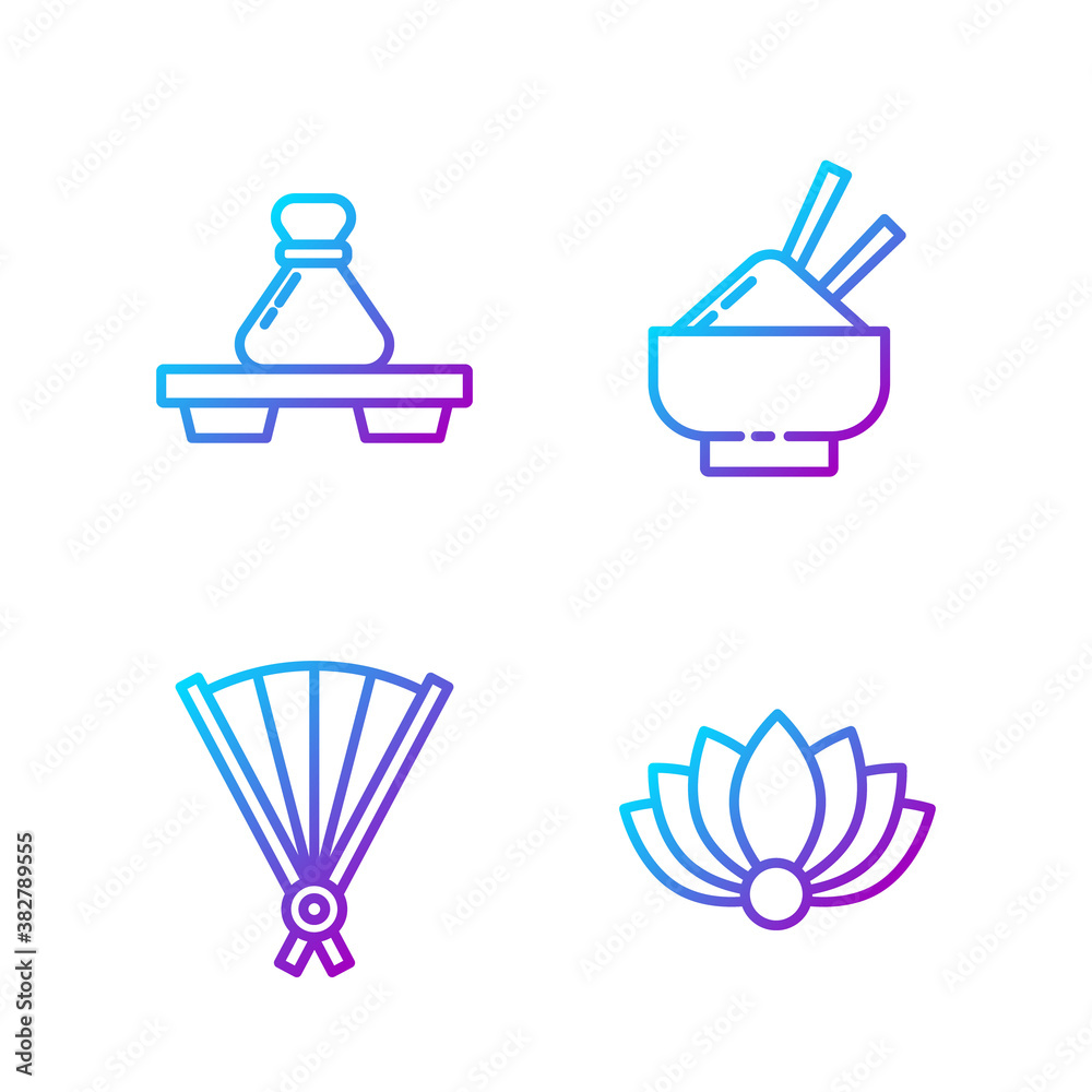 Set line Lotus flower, Paper chinese folding fan, Dumpling on cutting board and Rice in a bowl with 