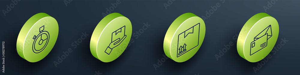 Set Isometric Fast time delivery, Delivery hand with boxes, Cardboard box with traffic symbol and En