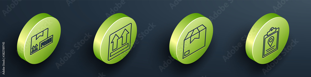 Set Isometric Cardboard box with free symbol, This side up, Carton cardboard box and Document tracki