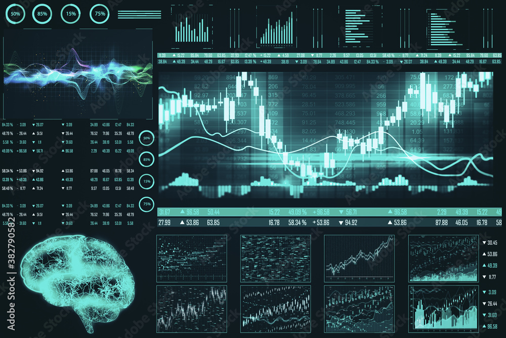 Digital business big data interface on virtual screen.