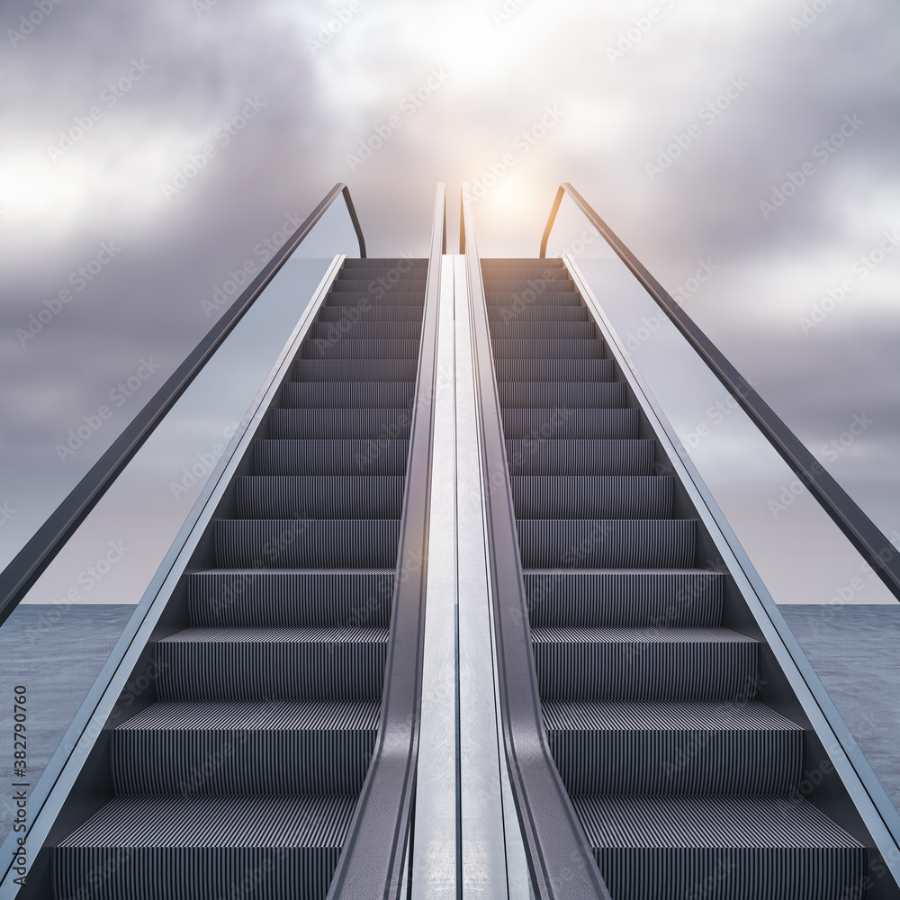 Empty escalator on sky background.