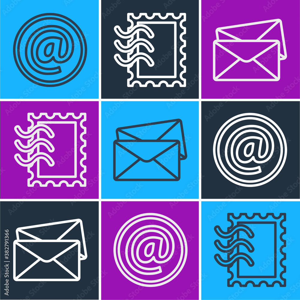 Set line Mail and e-mail, Envelope and Postal stamp icon. Vector.