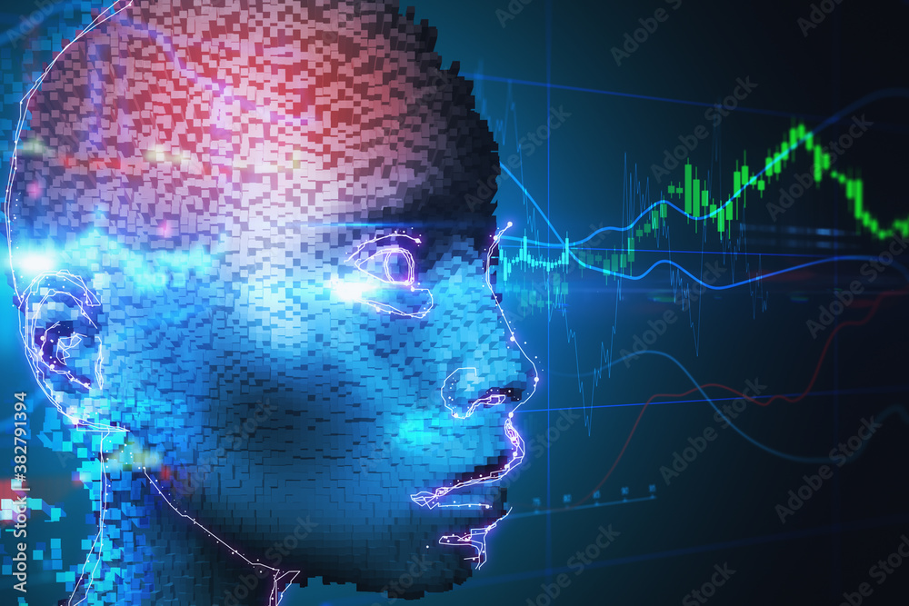 Cubes robotic head with glowing stock charts interface