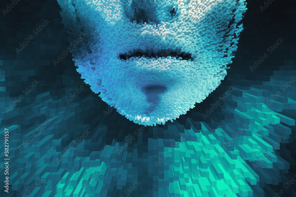 Close up of abstract digital human face with cubes