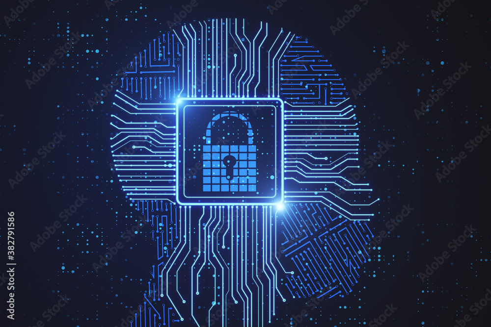 Circuit chip hologram in robot head with lock.