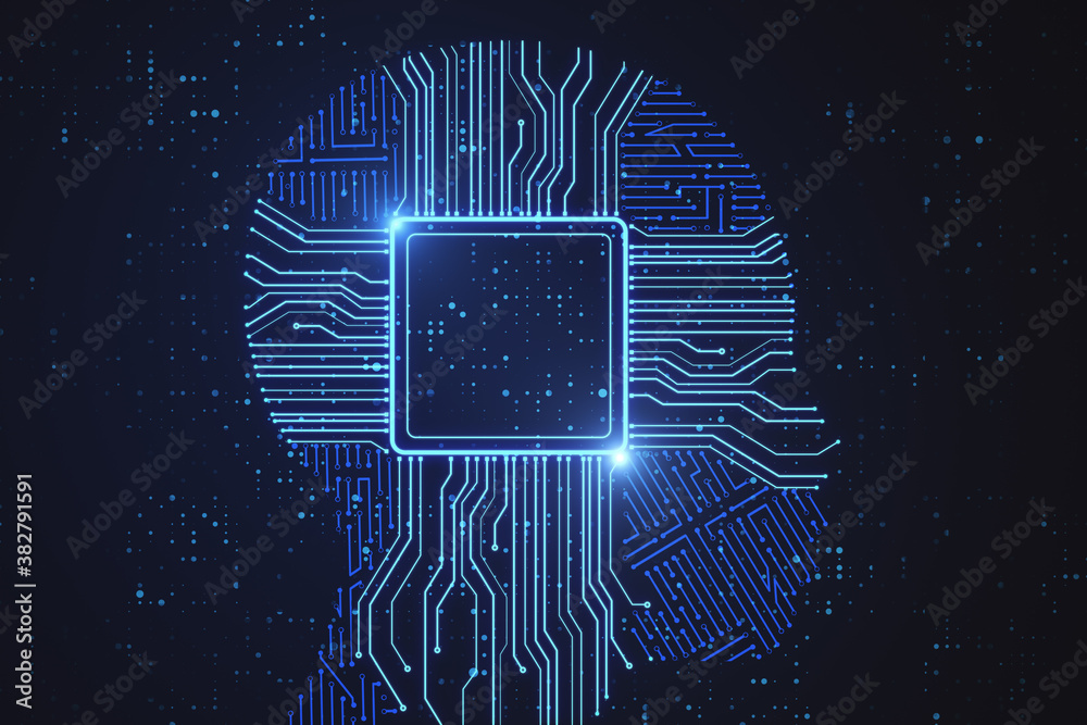 Abstract circuit chip hologram in robot head.