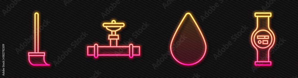 Set line Water drop, Mop, Industry pipe and valve and Water meter. Glowing neon icon. Vector.