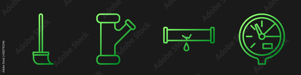 Set line Broken pipe with leaking water, Mop, Industry metallic pipe and Water meter. Gradient color