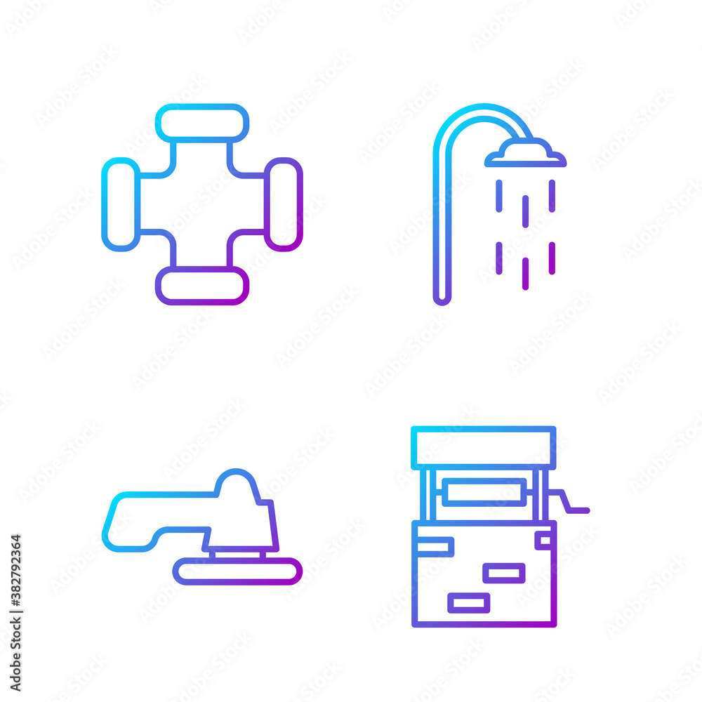 设置线井、水龙头、工业金属管和淋浴器。渐变色图标。矢量。