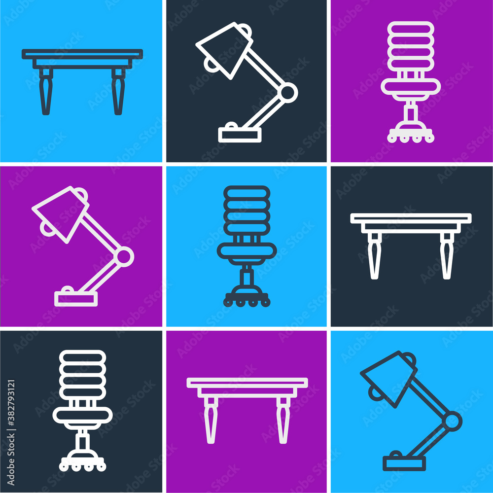 Set line Wooden table, Office chair and Table lamp icon. Vector.