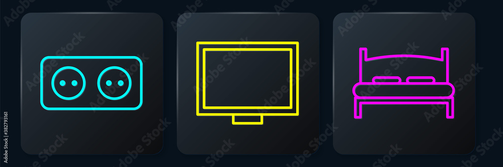 Set line Electrical outlet, Big bed and Picture frame on table. Black square button. Vector.