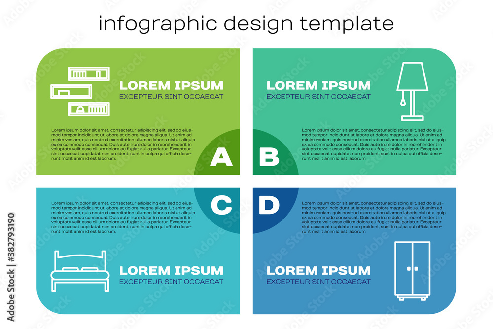 Set line Big bed, Shelf with books, Wardrobe and Table lamp. Business infographic template. Vector.