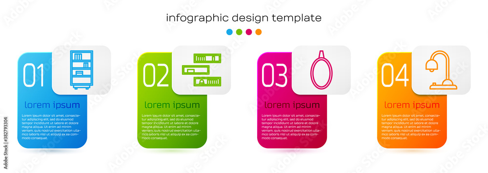 Set line Library bookshelf, Shelf with books, Mirror and Table lamp. Business infographic template. 