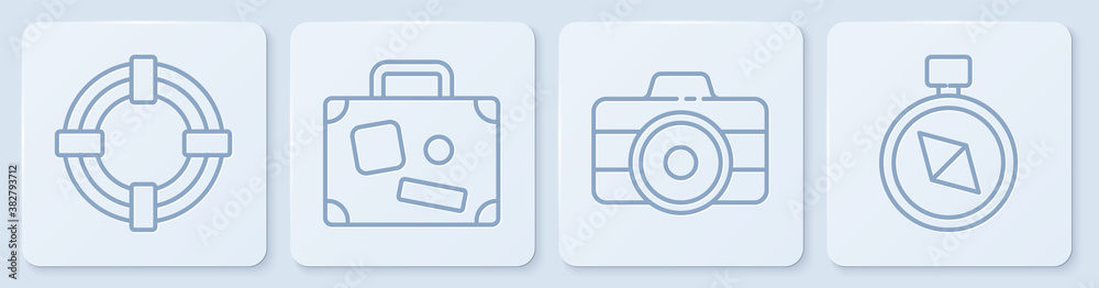 Set line Lifebuoy, Photo camera, Suitcase and Compass. White square button. Vector.