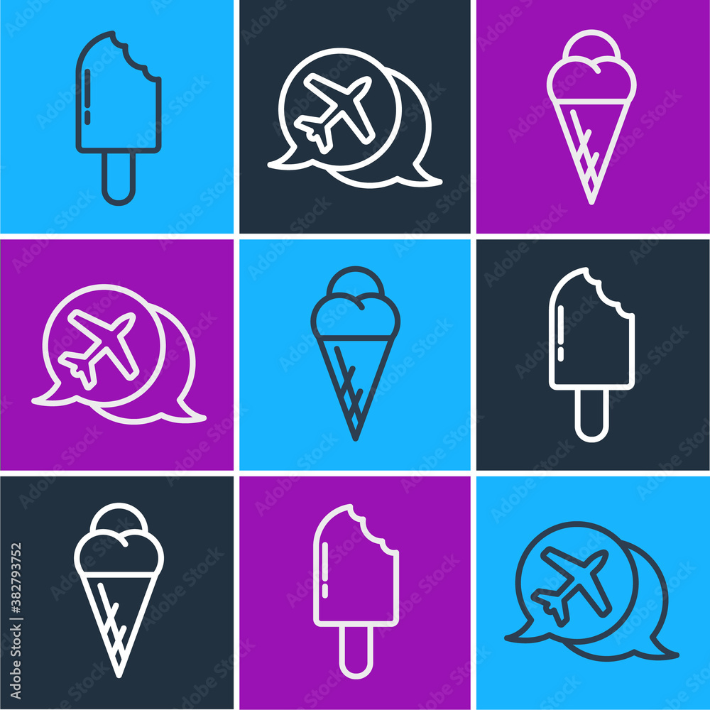 Set line Ice cream, Ice cream in waffle cone and Speech bubble with airplane icon. Vector.