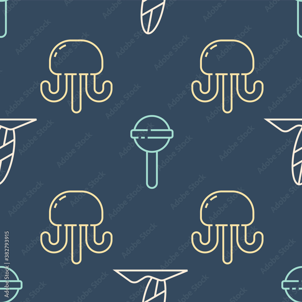 Set line Surfboard, Jellyfish and Lollipop on seamless pattern. Vector.