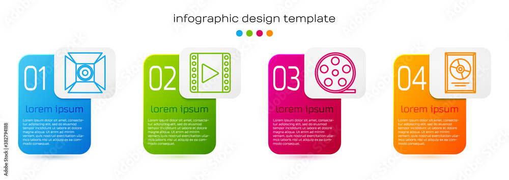 Set line Movie spotlight, Play Video, Film reel and CD disk award in frame. Business infographic tem