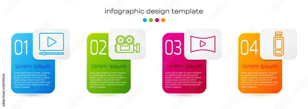 Set line Online play video, Cinema camera, Online play video and USB flash drive. Business infograph